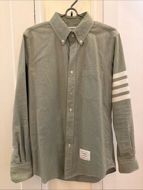 Thom Browne Olive Green Button-Down Shirt with White Sleeve Stripes